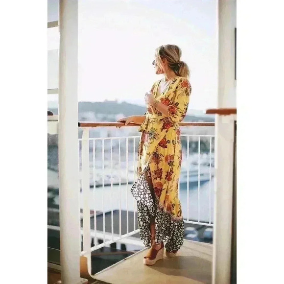 Farm Rio Maxi Dress XS Floral Yellow Pink Wrap Anthropologie Midi Asymmetrical - Picture 2 of 9